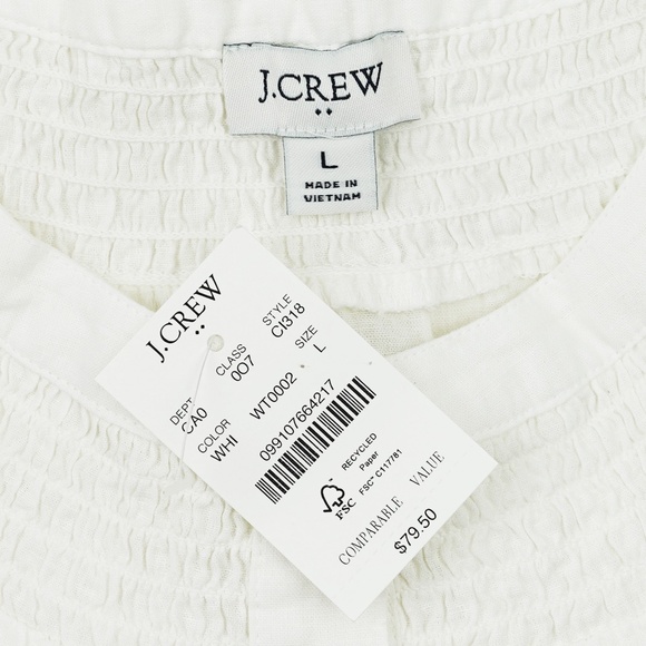 New JCREW Size L Linen Blend Short Sleeve Smock Neck Top in White $79 CI318 - Picture 5 of 5